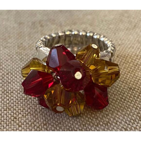 Red/Maroon and Gold Glass Bead Stretch Ring - Picture 1 of 2